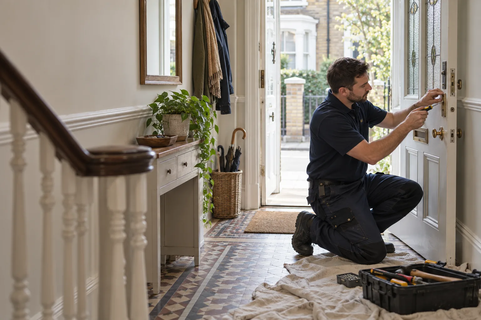 Handyman checking a door latch in a bright interior