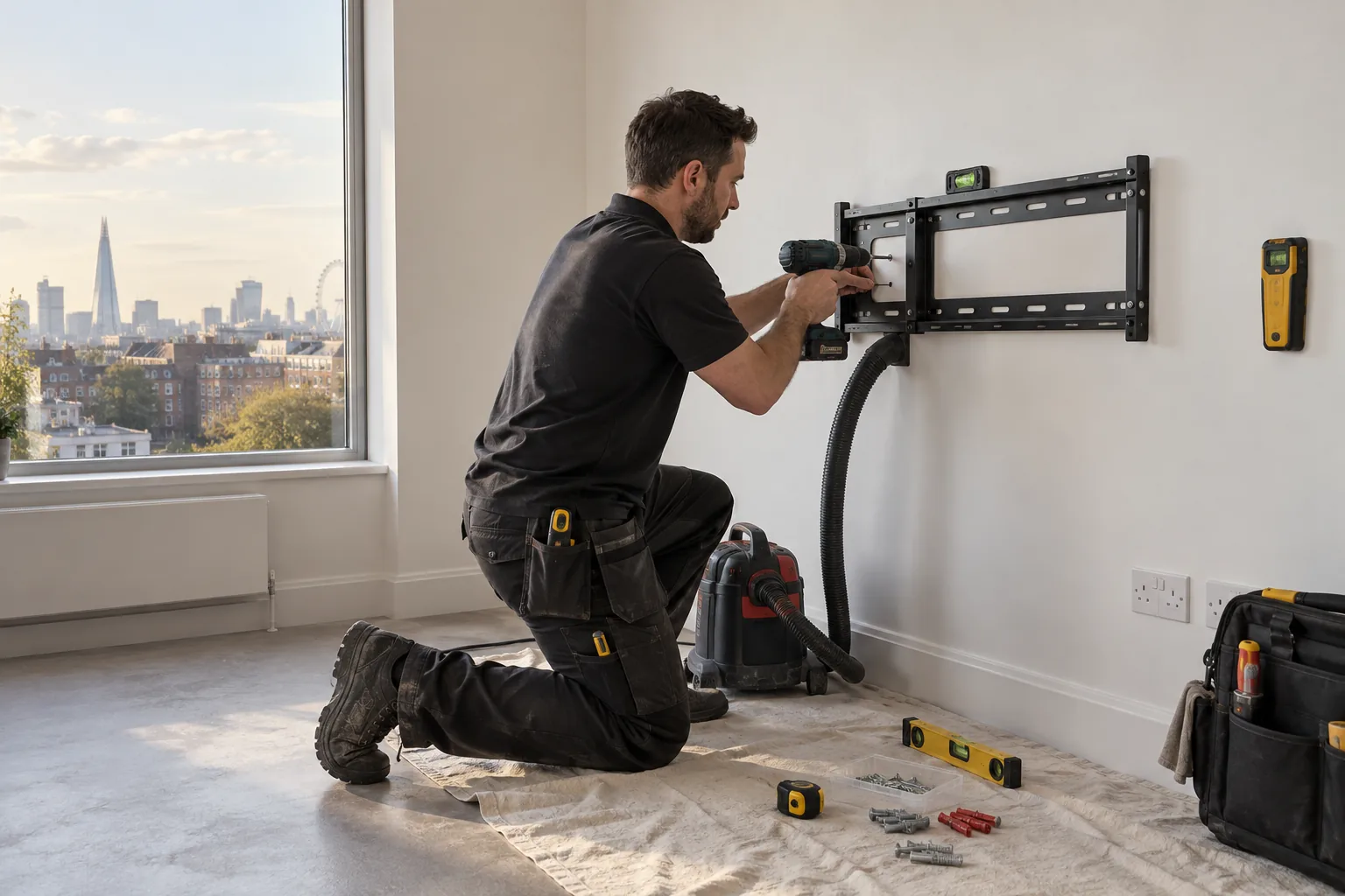 Handyman checking a bracket position in a modern apartment