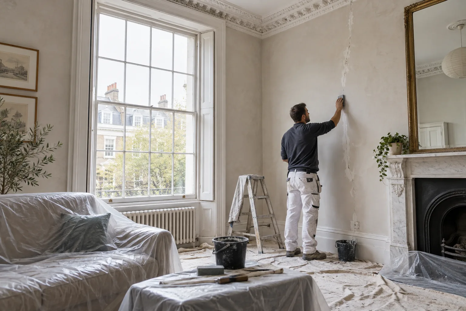 Decorator preparing an interior wall surface