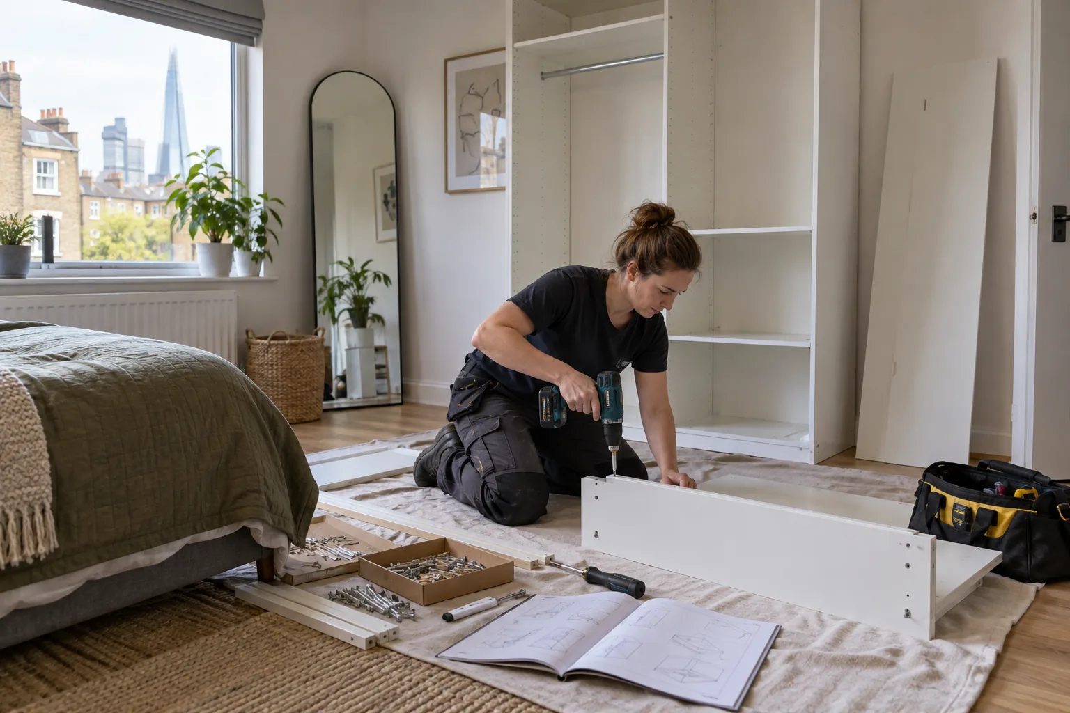 Handyman assembling freestanding furniture for an open-plan room