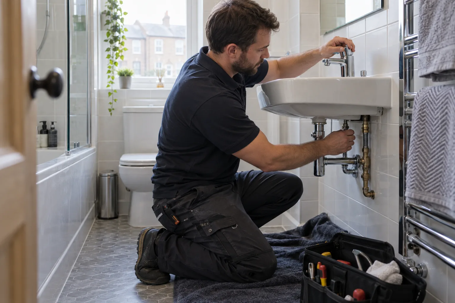 Handyman inspecting an accessible bathroom tap fitting