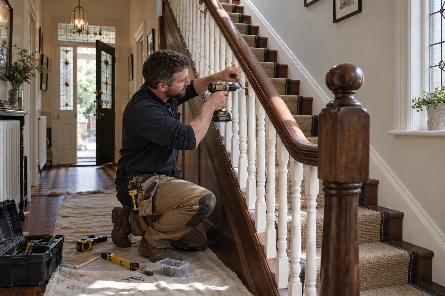 Handyman checking timber contact points on an interior fitting