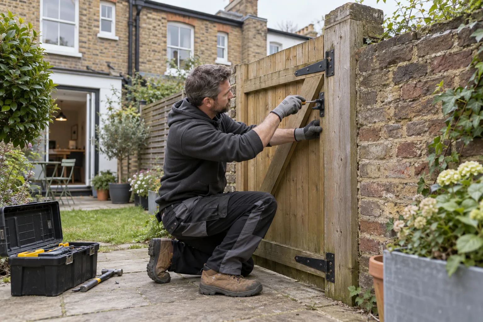 Handyman checking alignment on an exterior timber gate