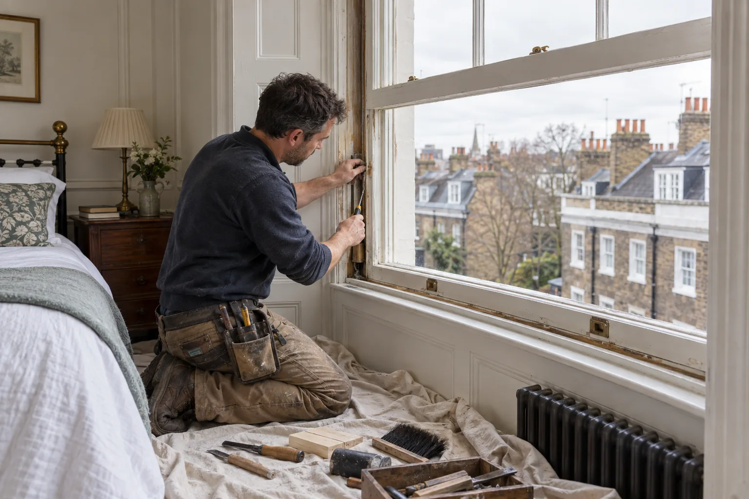 Close inspection of sash-window hardware and painted timber in a London home