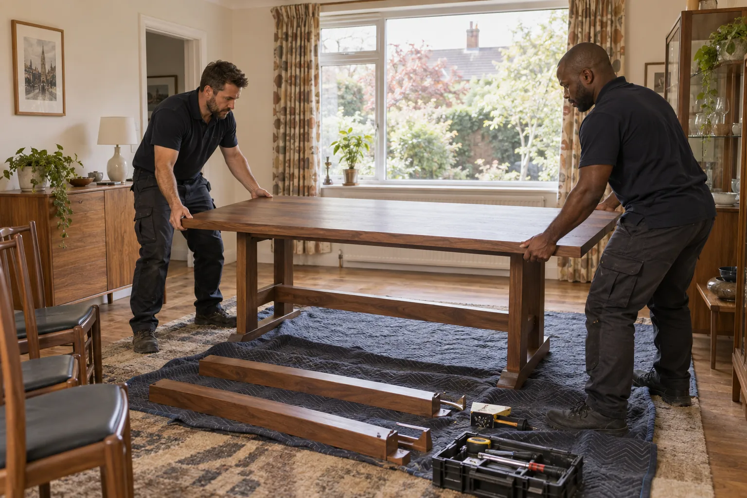 Dining table components assembled in a prepared residential room