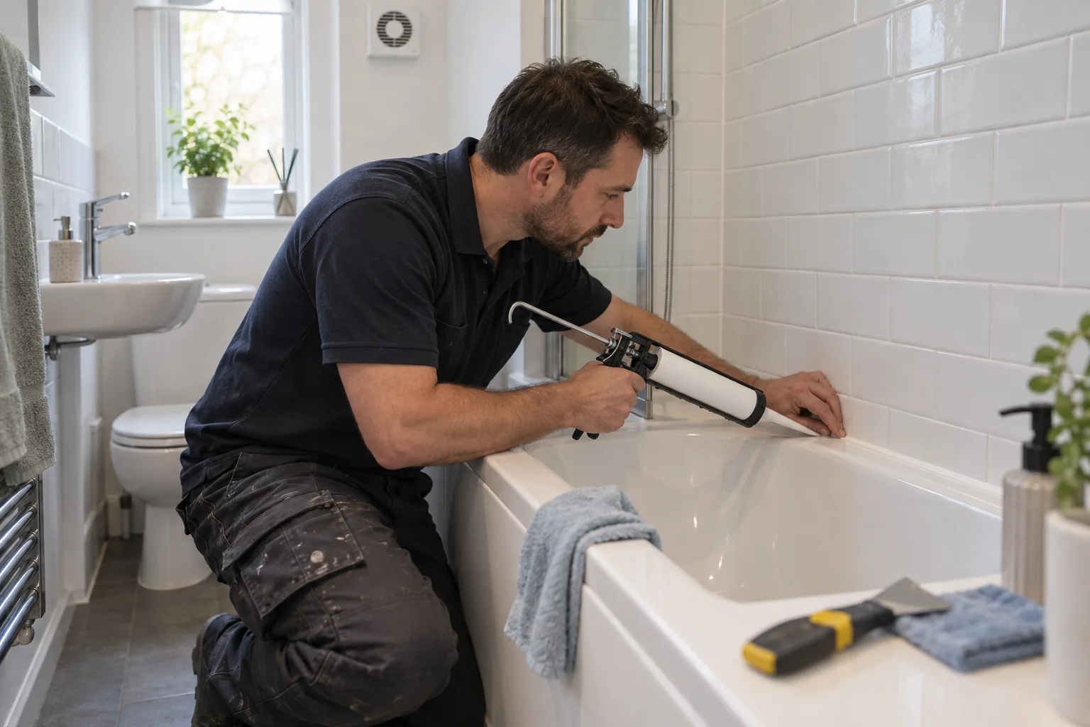 Tradesperson renewing sealant around a bath