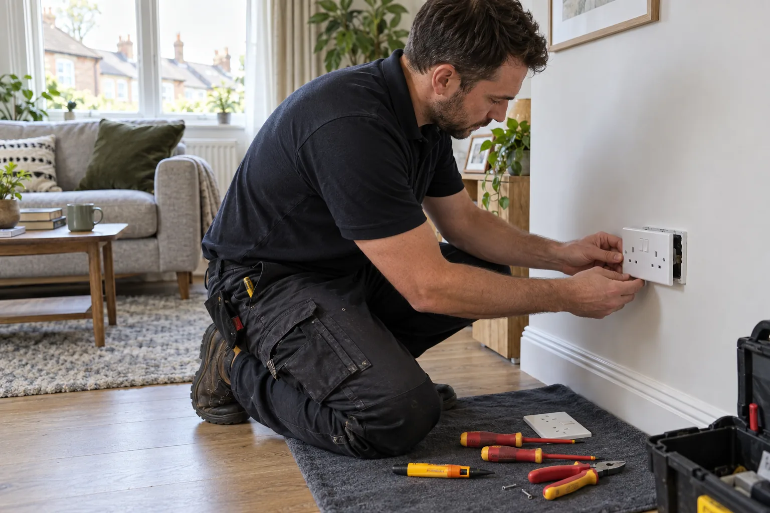 Handyman inspecting the wall around an electrical accessory