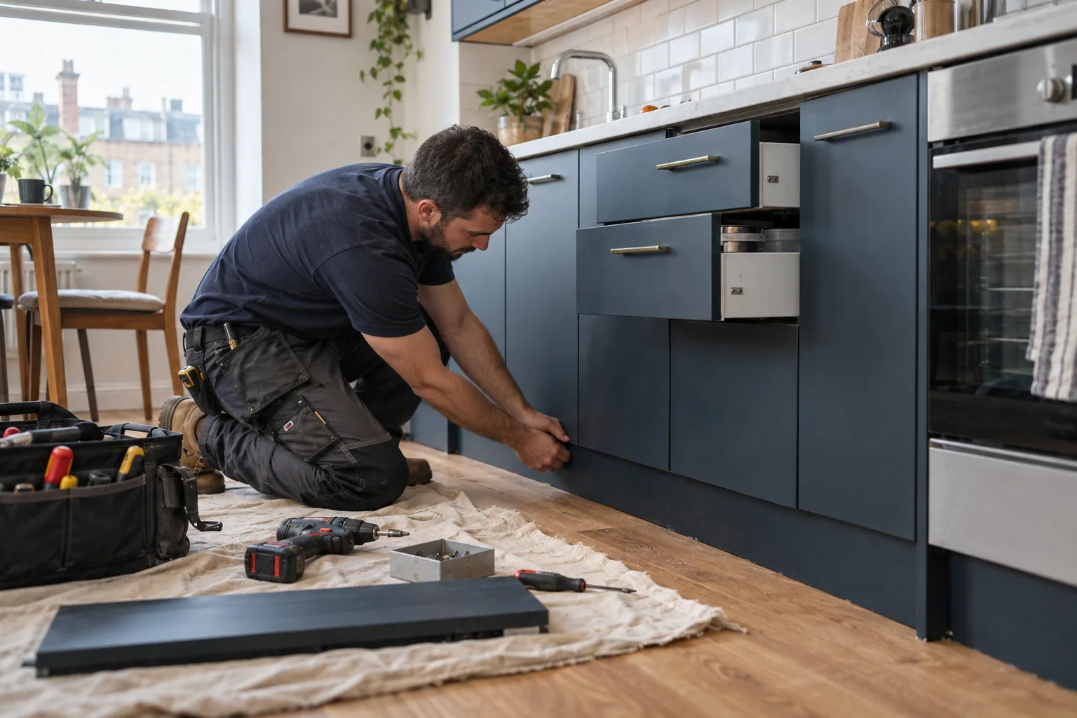Handyman refitting a removable plinth beneath kitchen cabinets