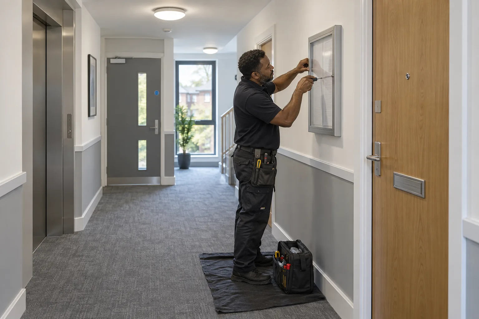 Maintenance check in a clean shared entrance serving London homes