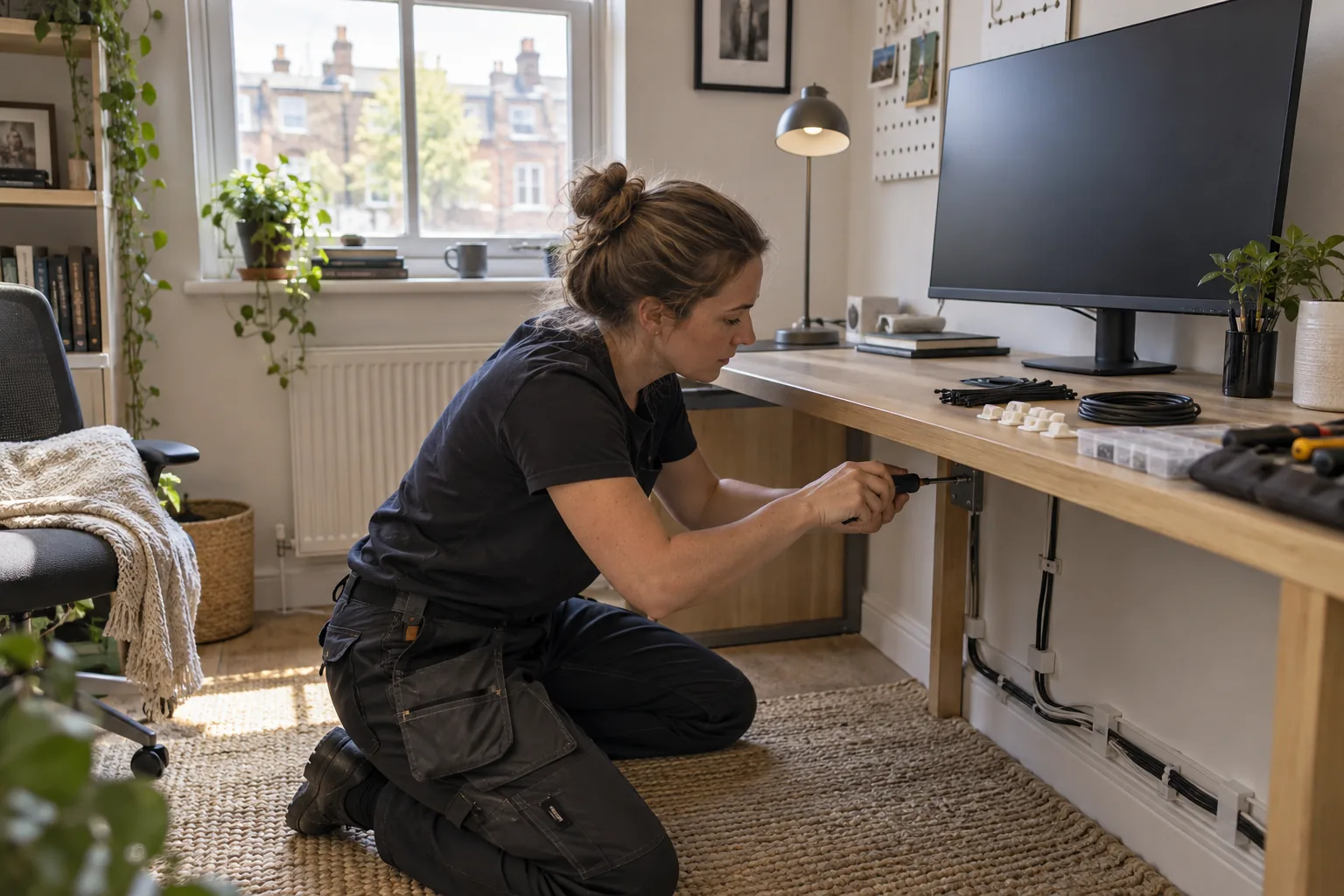Handyman assembling furniture in a newly occupied room