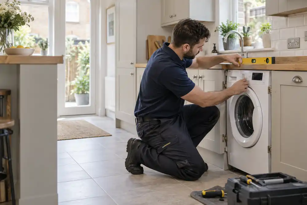 Installer levelling an integrated dishwasher in a London kitchen
