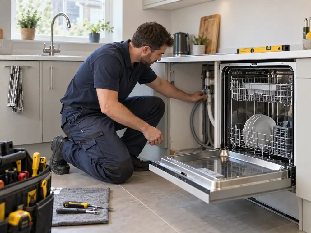 Washing machine connections being checked during installation