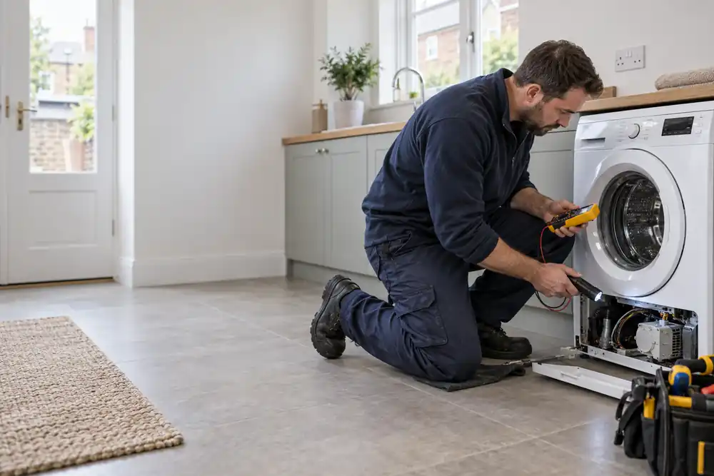 Technician assessing a washing machine fault in a London flat
