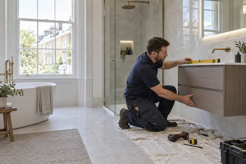 Vanity being aligned during a London bathroom refurbishment
