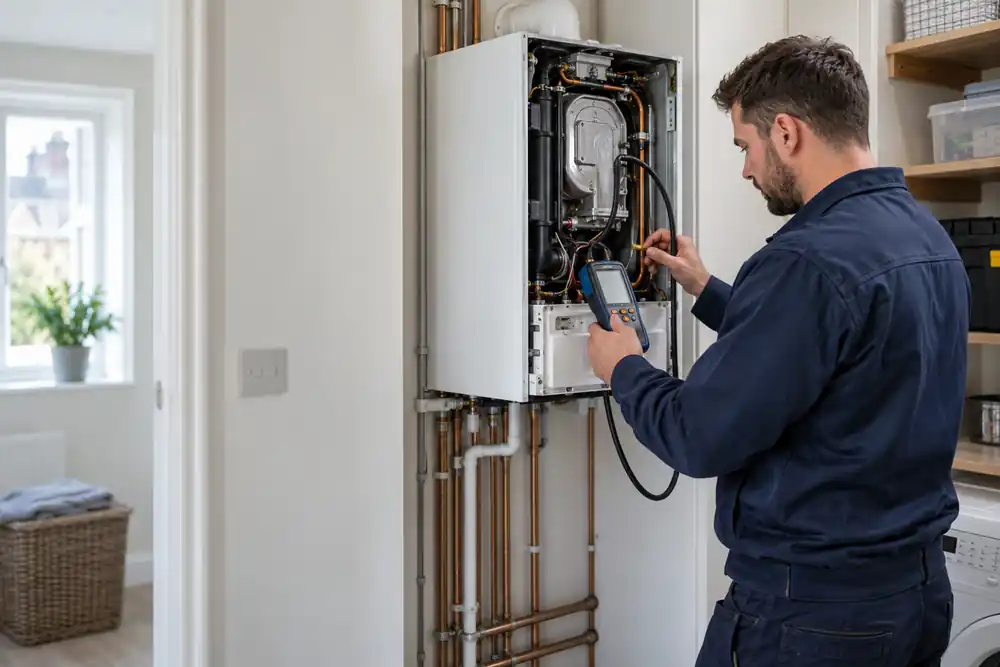 Registered engineer inspecting a boiler in a London home
