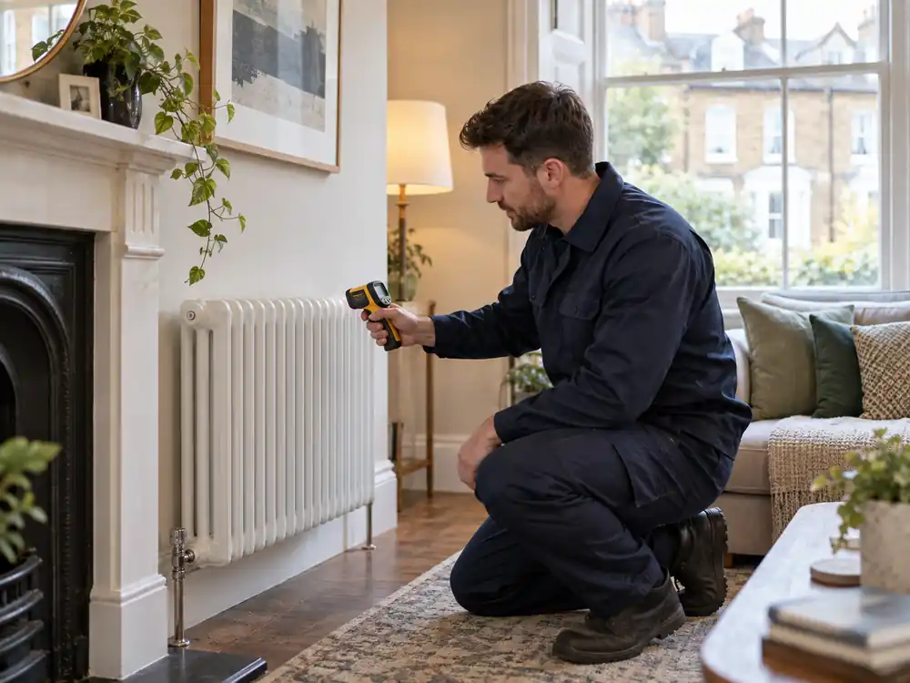 Boiler service readings being recorded by an engineer