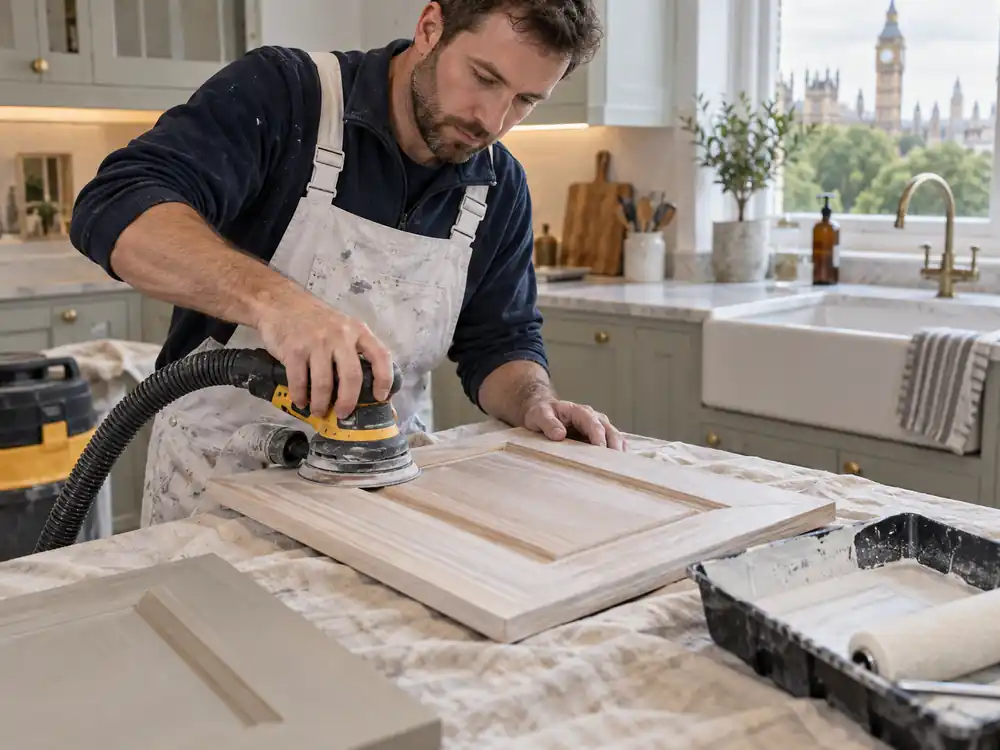 Cabinet surface being prepared before painting