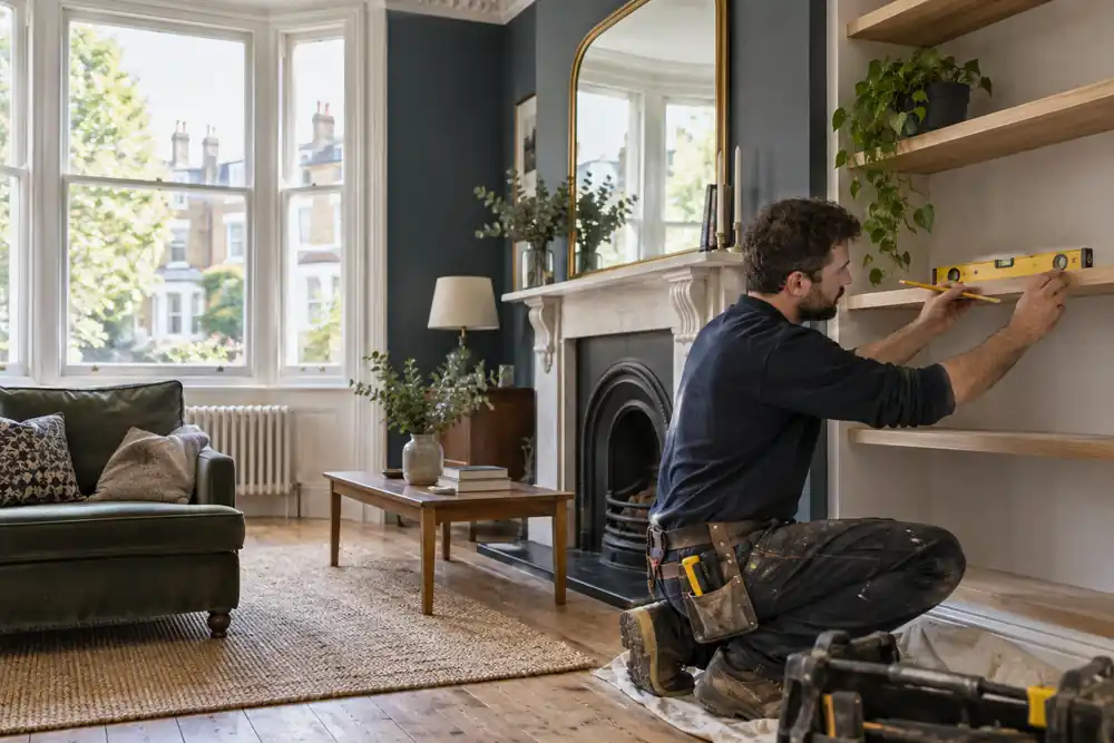 Carpenter measuring a London alcove for fitted shelving
