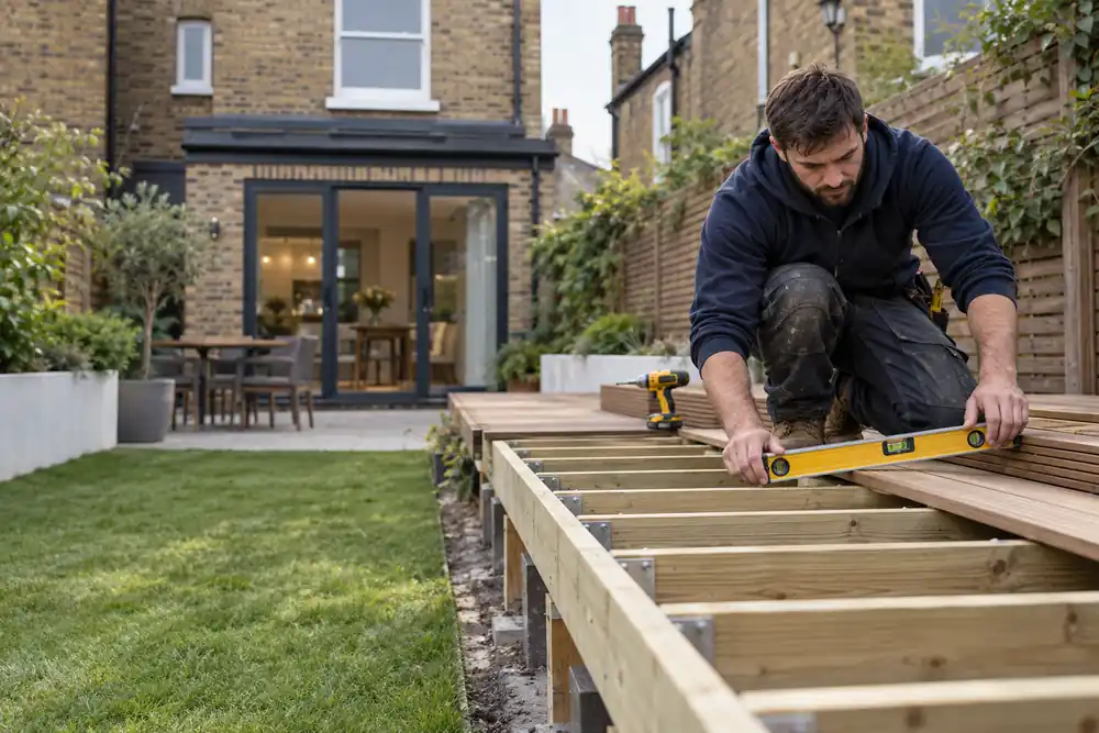 Timber decking being installed in a London garden
