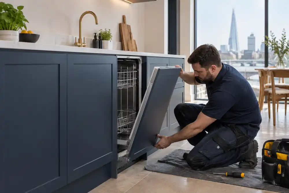 Integrated dishwasher being fitted in a London kitchen