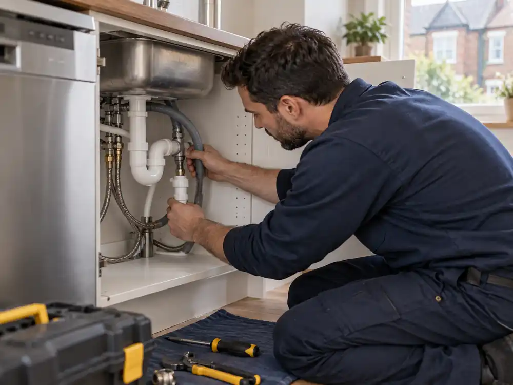 Dishwasher water and waste connections being checked