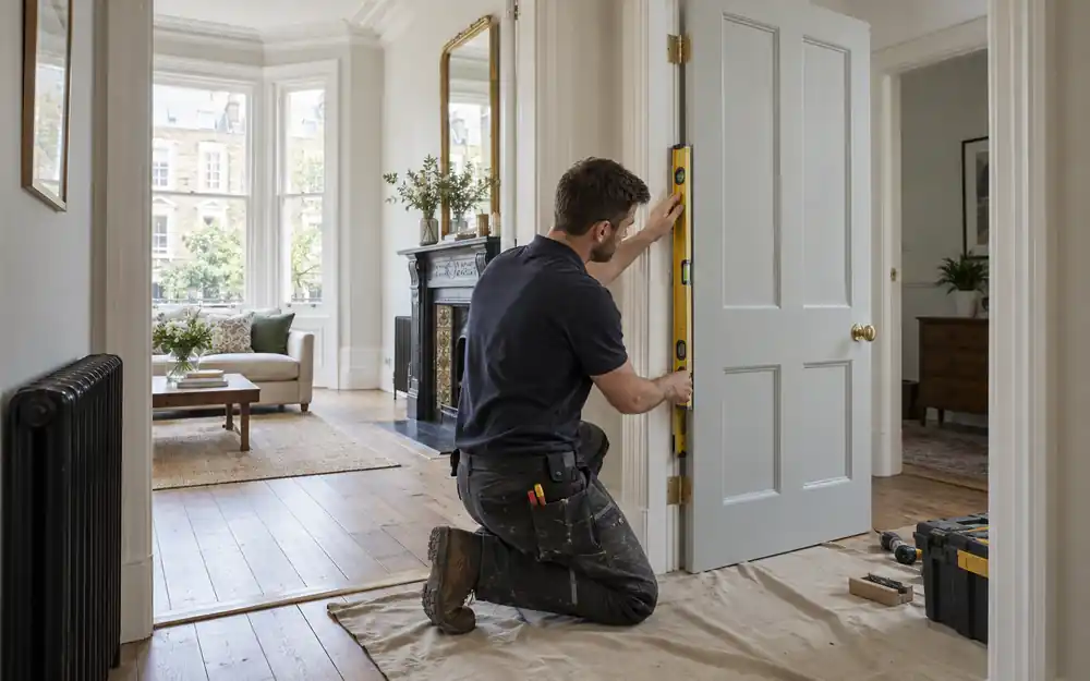 Carpenter aligning a new internal door in a London home