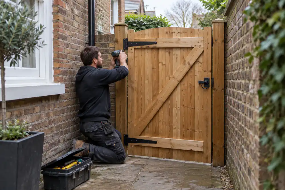 Timber garden gate being installed between secure posts
