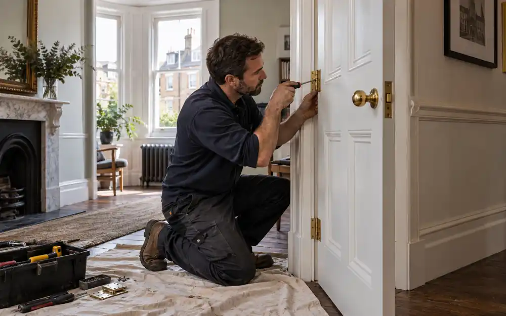 Hinges being adjusted during a door repair in London