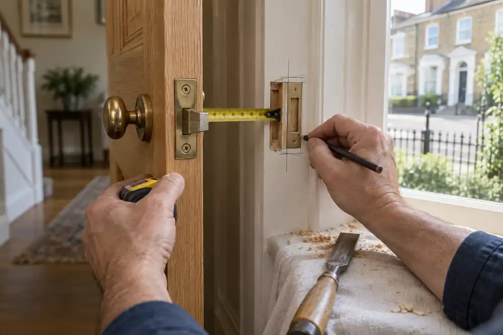 Door latch alignment being checked against the frame