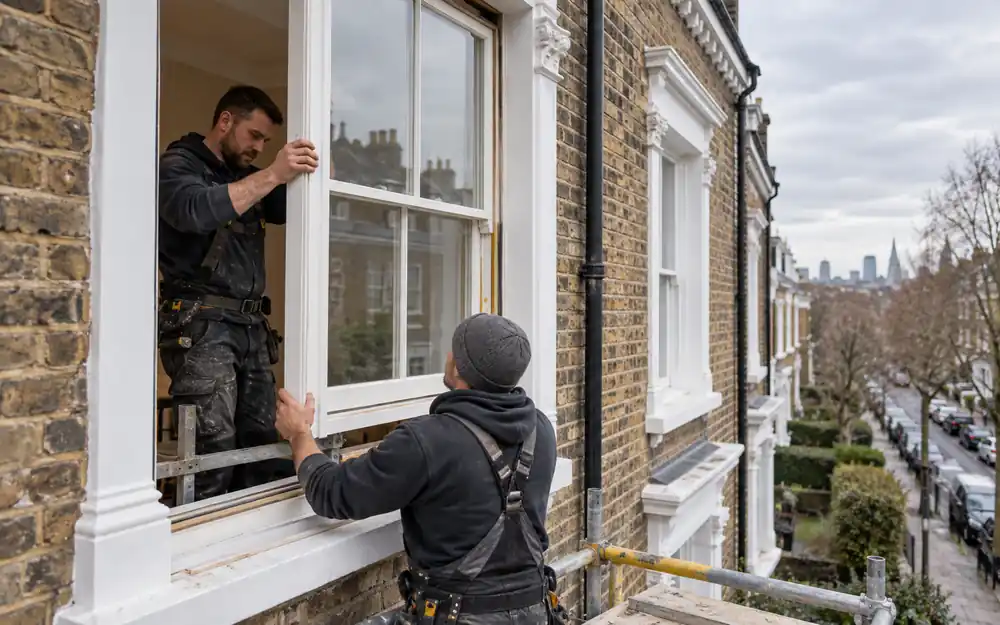 Timber window frame being aligned in a London property