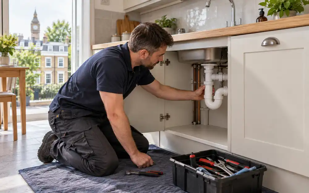Accessible kitchen waste pipe being checked for a blockage