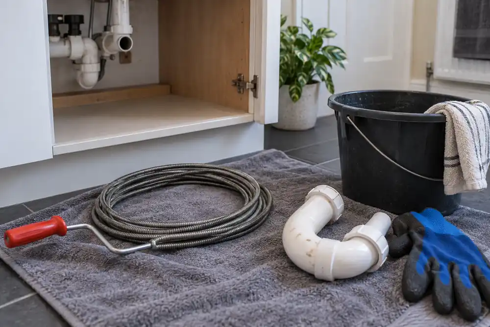 Mechanical drain-clearing tools prepared beside an accessible trap