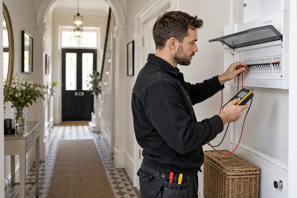 Electrician safely testing a socket in a London flat