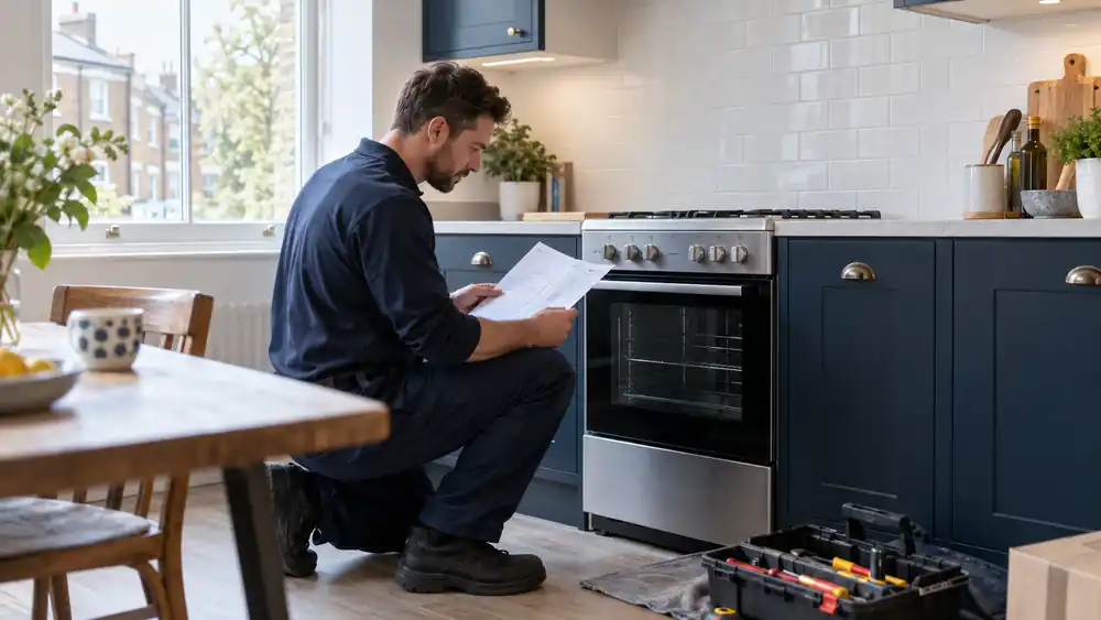 Professional gas cooker and hob fitting work in a London property