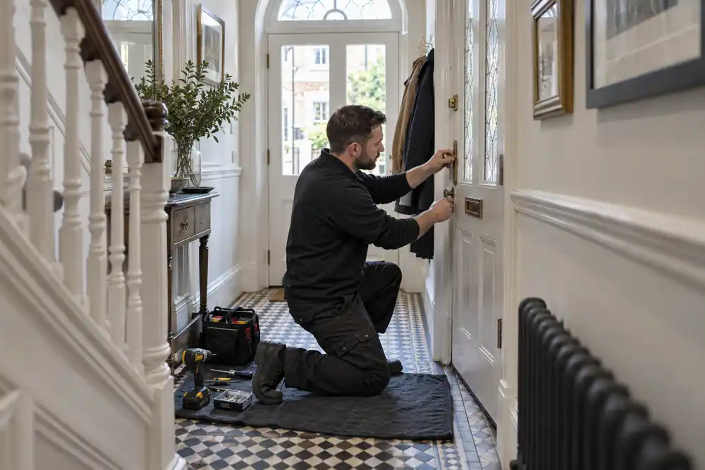 Operative checking a newly fitted lock on a London home's timber door