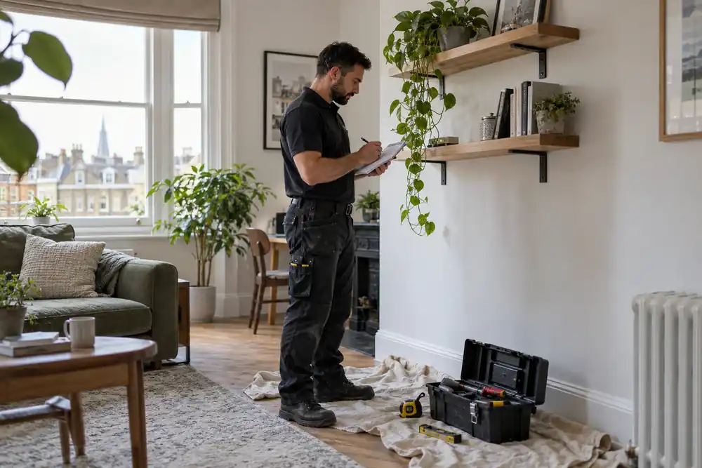 Handyman reviewing an odd jobs list in a London flat