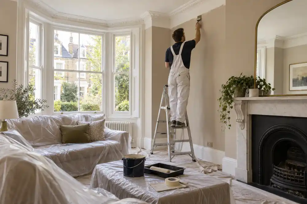 Decorator carefully painting a London sitting room