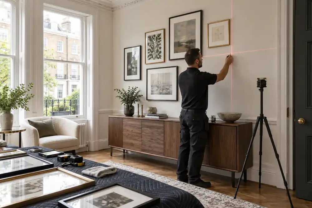Installer laying out a gallery wall in a London home