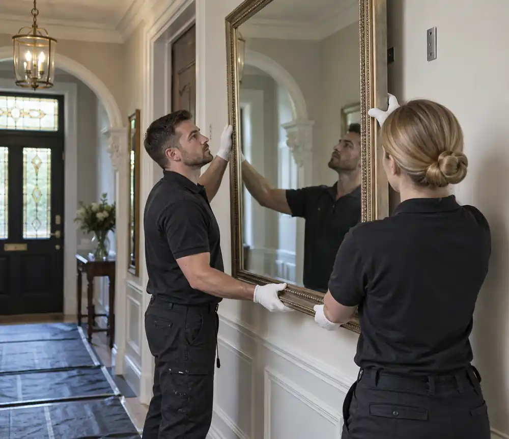 Large mirror being positioned on secure wall brackets
