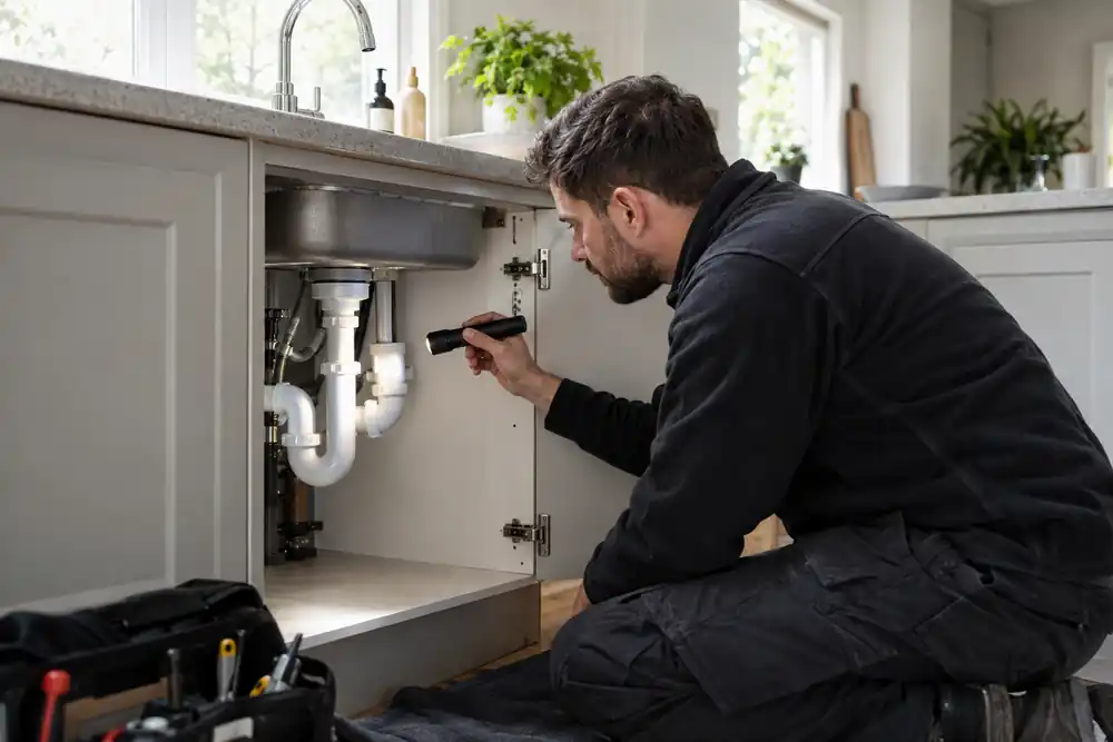 Plumber inspecting pipework beneath a London kitchen sink