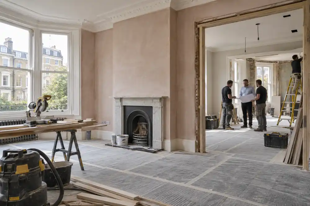 Team reviewing plans during a London property refurbishment