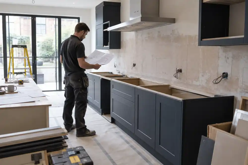 Fitter checking cabinet alignment during a London kitchen refurbishment