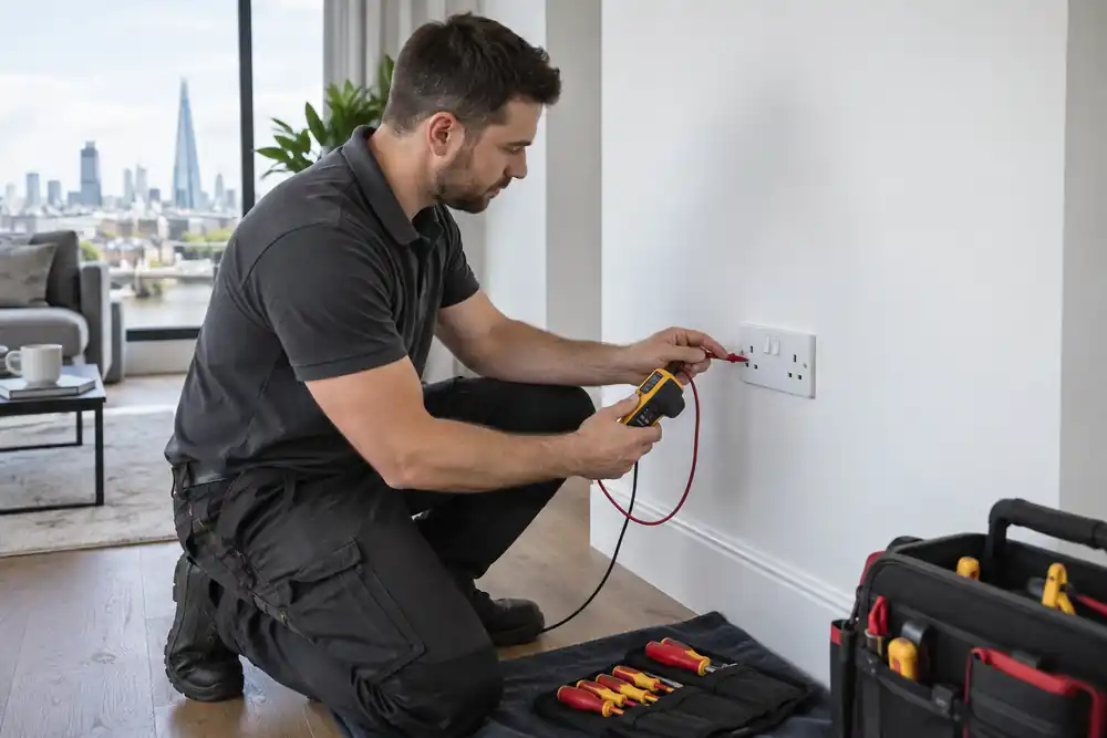 Electrical check at a UK wall socket before replacement