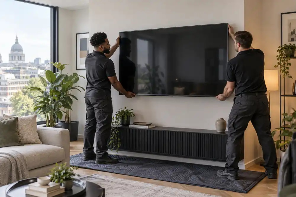 Two installers mounting a television in a London living room
