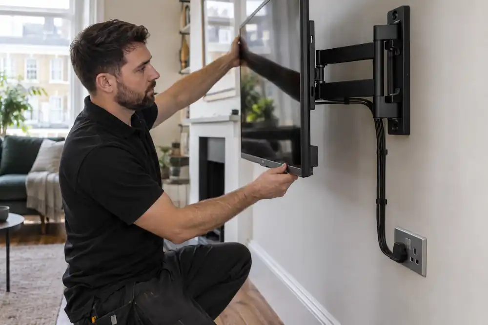 Cable and bracket clearance checked after TV mounting