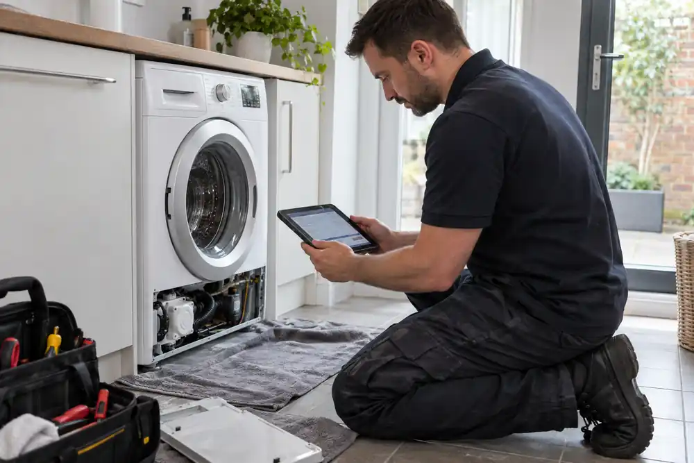 Technician assessing a washing machine fault in a London home
