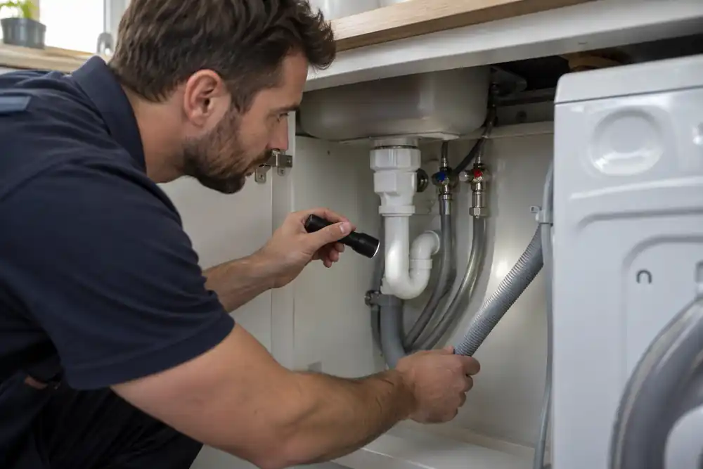 Washing machine hoses and drainage connection being checked