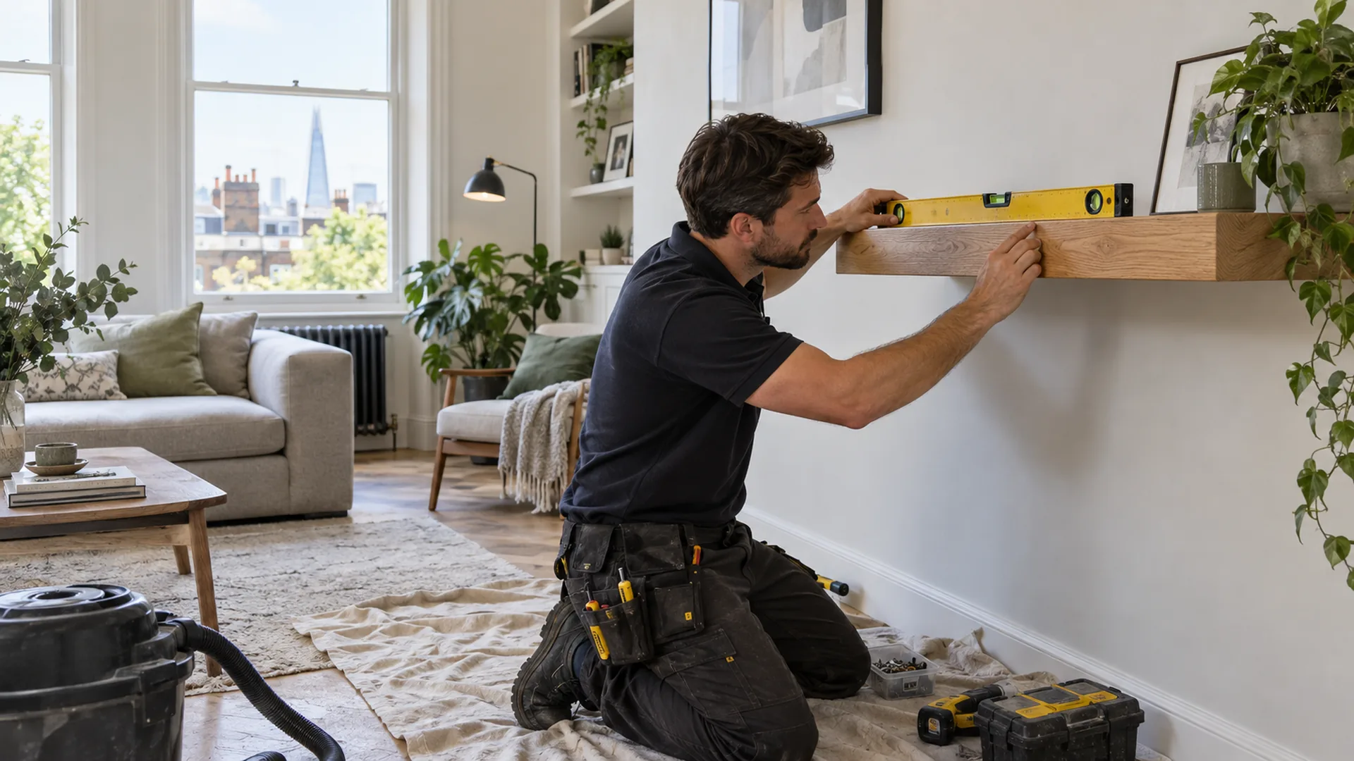 Handyman installing a floating shelf on an interior wall