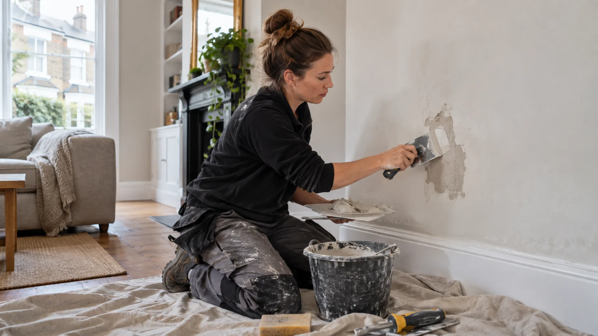 Handyman preparing a small damaged area of an interior wall