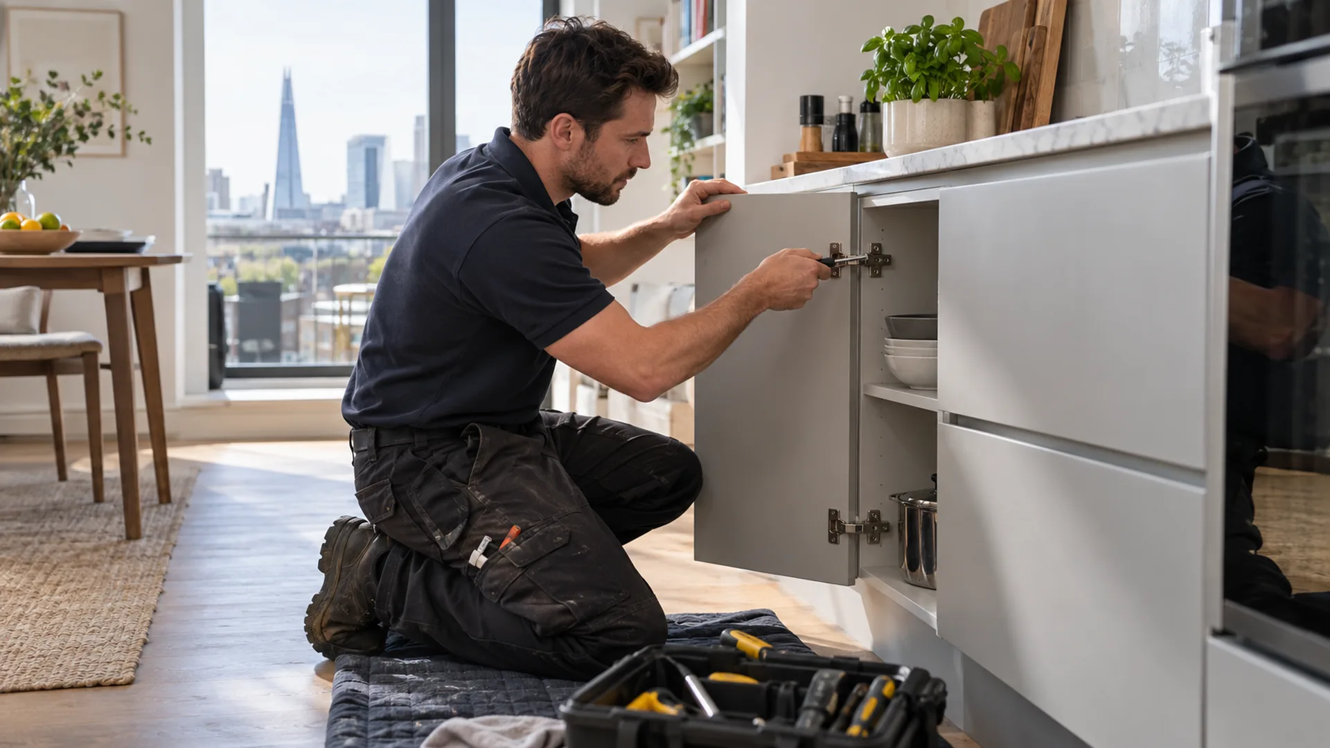 Handyman adjusting a kitchen cabinet fitting